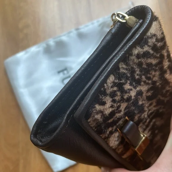 Furla brown crossbody mini wallet bag with gold chain